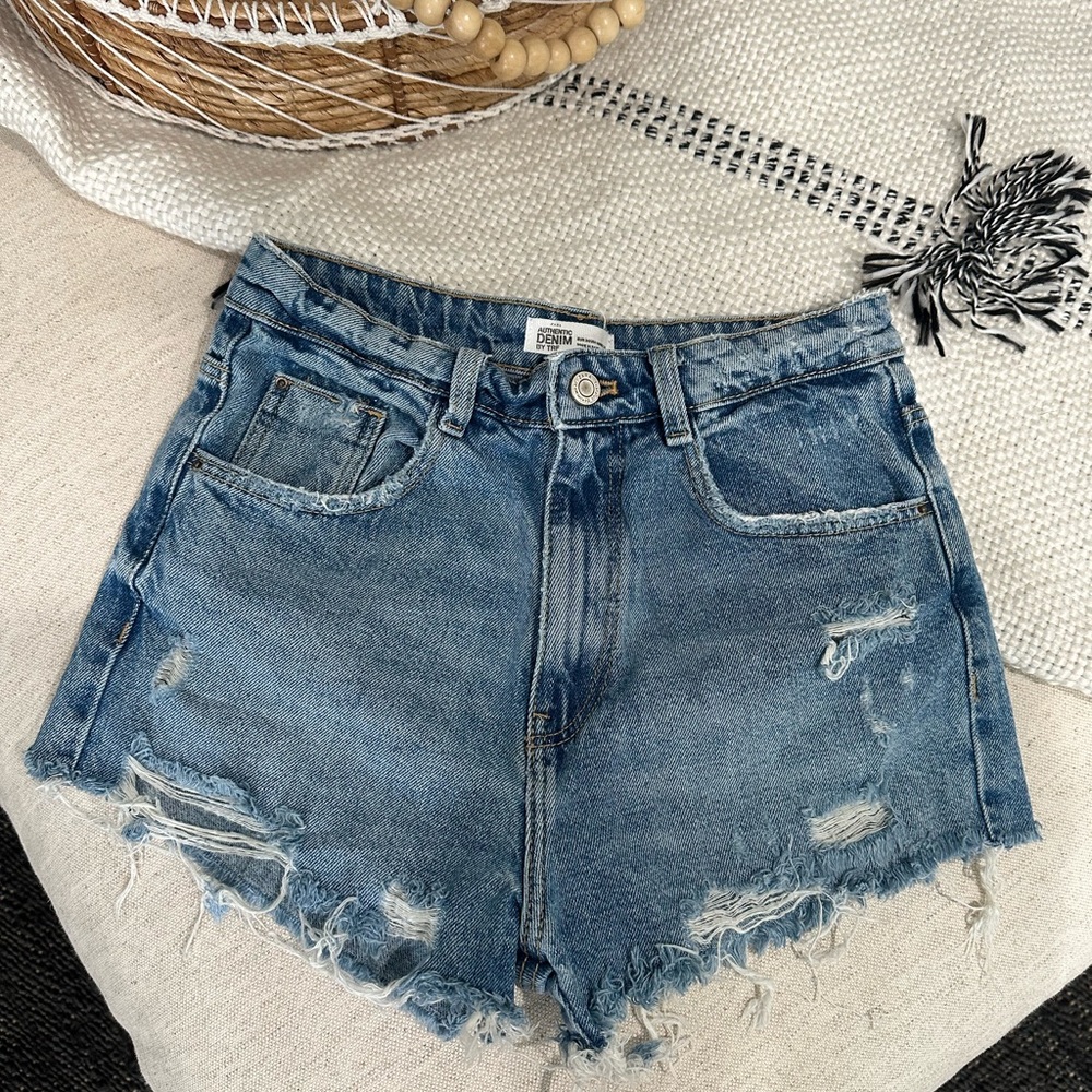 Zara Distressed High-Waisted Denim Shorts
